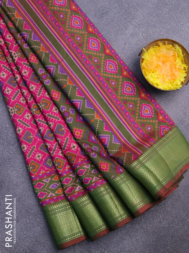 Semi tussar saree pink and dual shade of greenish maroon with allover ikat prints and zari woven border