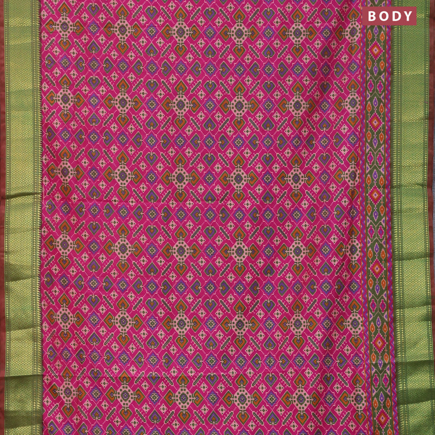 Semi tussar saree pink and dual shade of greenish maroon with allover ikat prints and zari woven border