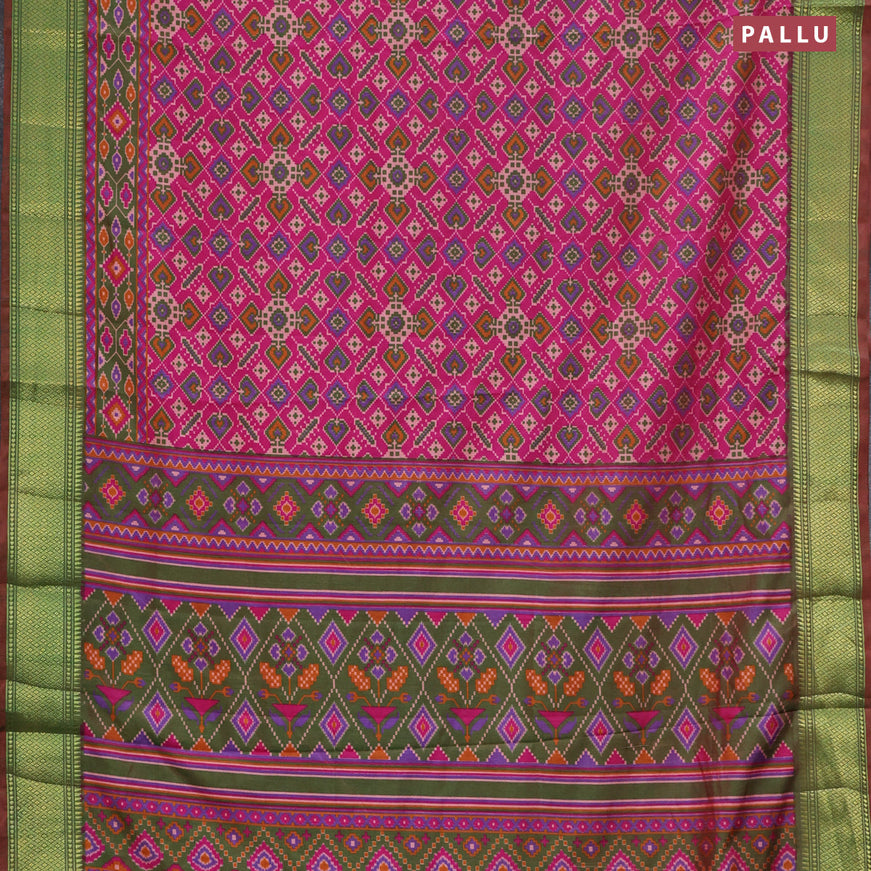 Semi tussar saree pink and dual shade of greenish maroon with allover ikat prints and zari woven border