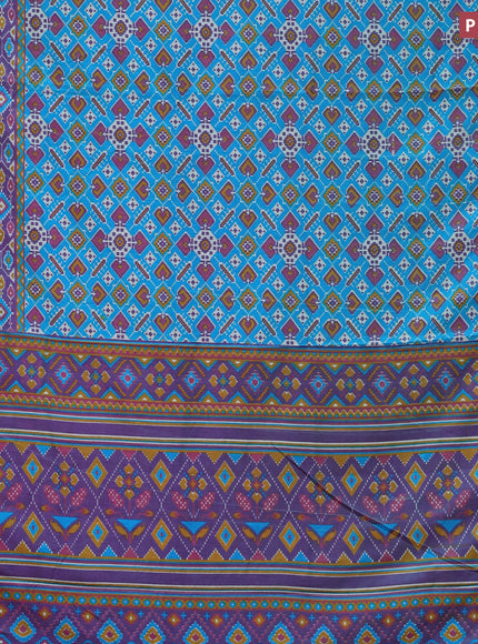 Semi tussar saree dual shade of teal blue and dual shade of violet with allover ikat prints and zari woven border