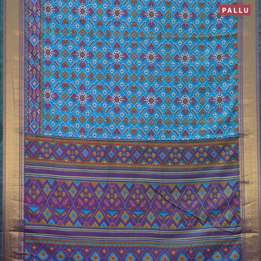 Semi tussar saree dual shade of teal blue and dual shade of violet with allover ikat prints and zari woven border