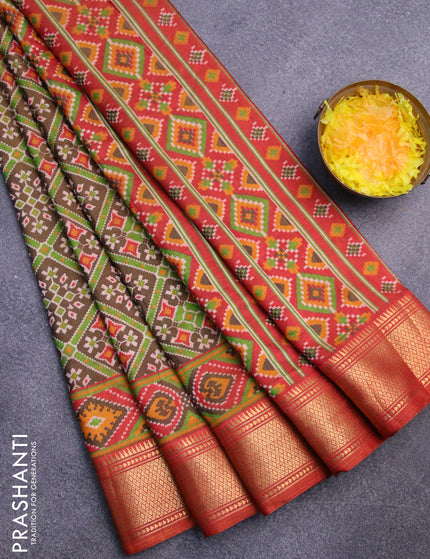 Semi tussar saree dark brown and rust shade with allover prints and zari woven border