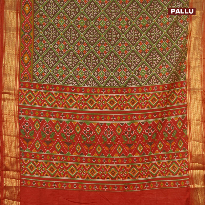 Semi tussar saree dark brown and rust shade with allover prints and zari woven border