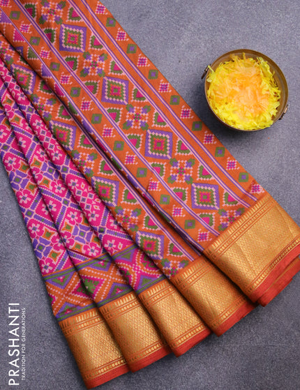 Semi tussar saree pink and rustic orange with allover prints and zari woven border