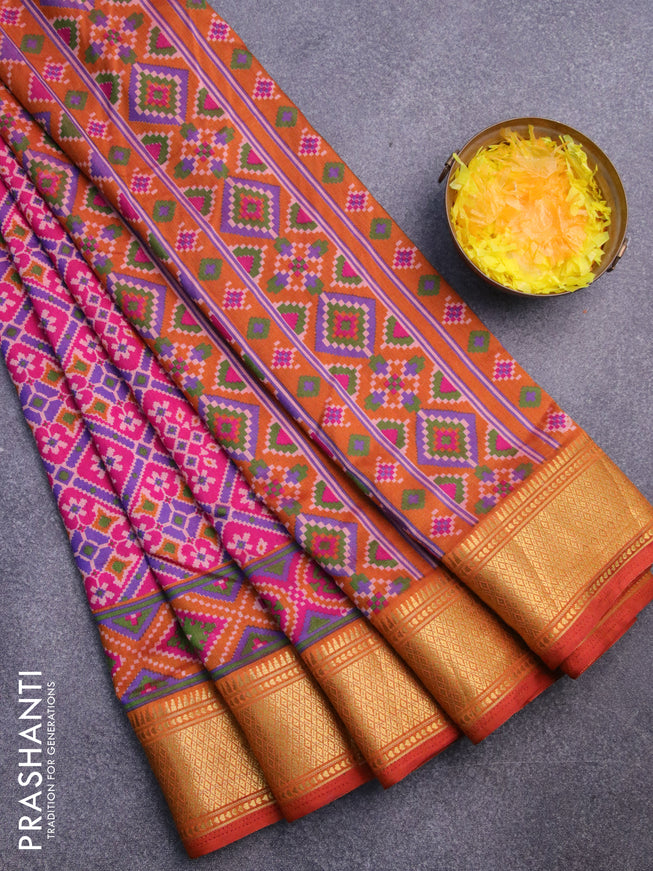 Semi tussar saree pink and rustic orange with allover prints and zari woven border