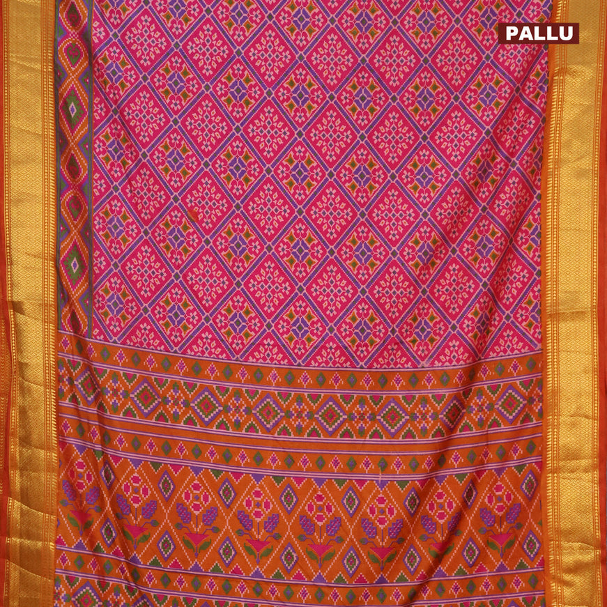 Semi tussar saree pink and rustic orange with allover prints and zari woven border