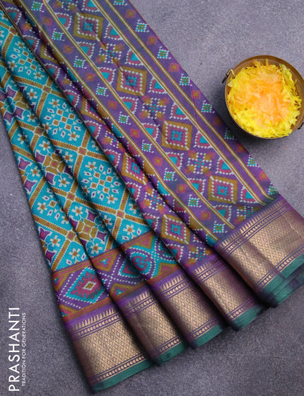 Semi tussar saree dual shade of teal green and dual shade of violet with allover prints and zari woven border