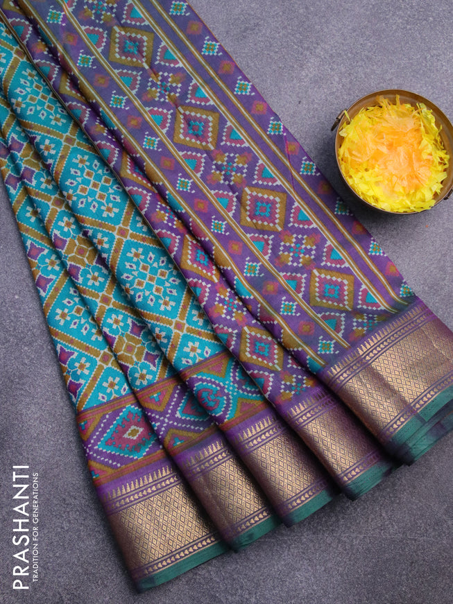 Semi tussar saree dual shade of teal green and dual shade of violet with allover prints and zari woven border