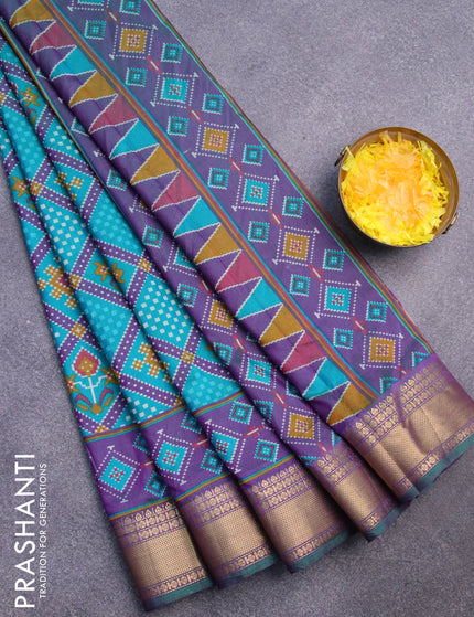 Semi tussar saree teal blue and dual shade of purple with allover ikat prints and zari woven border