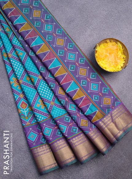 Semi tussar saree teal blue and dual shade of purple with allover ikat prints and zari woven border