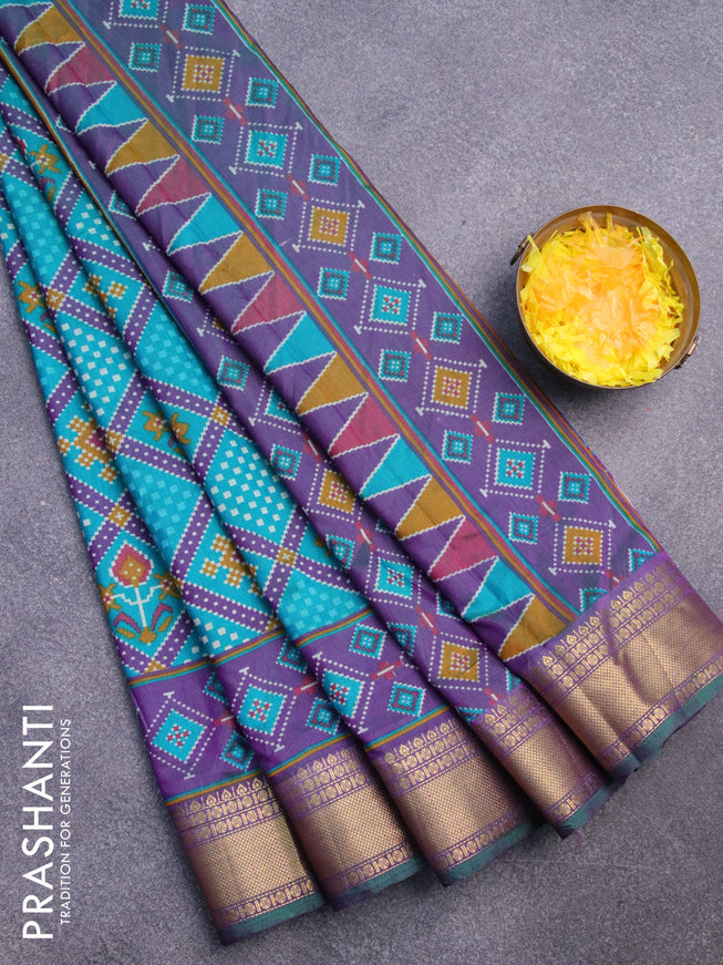 Semi tussar saree teal blue and dual shade of purple with allover ikat prints and zari woven border