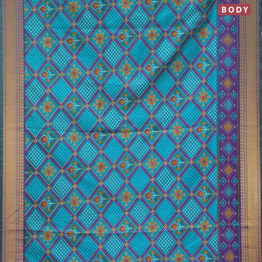 Semi tussar saree teal blue and dual shade of purple with allover ikat prints and zari woven border