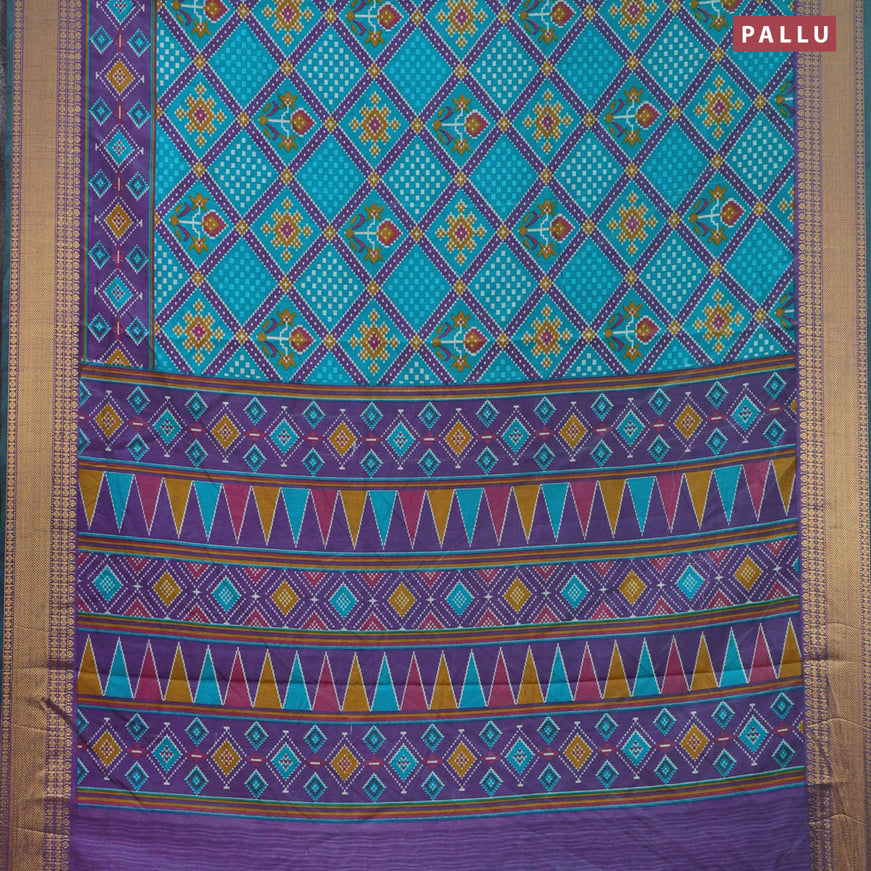 Semi tussar saree teal blue and dual shade of purple with allover ikat prints and zari woven border