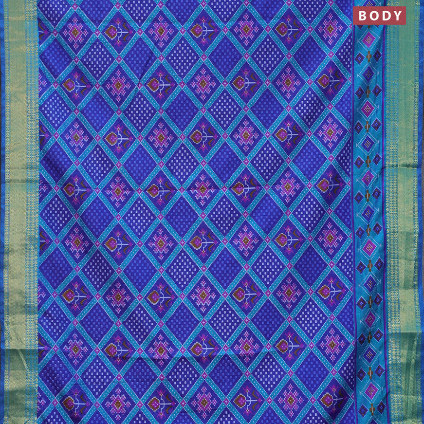 Semi tussar saree blue and cs blue with allover ikat prints and zari woven border