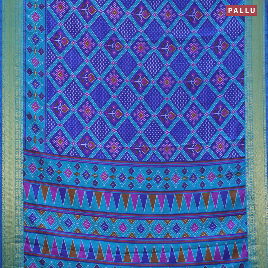 Semi tussar saree blue and cs blue with allover ikat prints and zari woven border