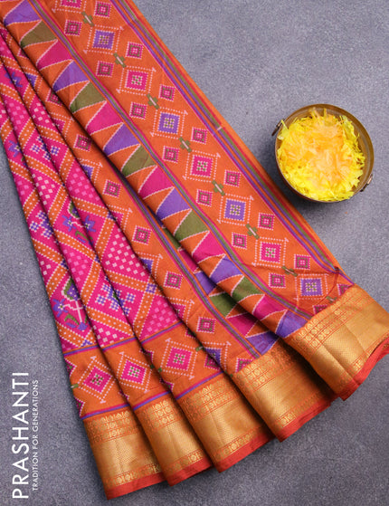 Semi tussar saree pink and rust shade with allover ikat prints and zari woven border