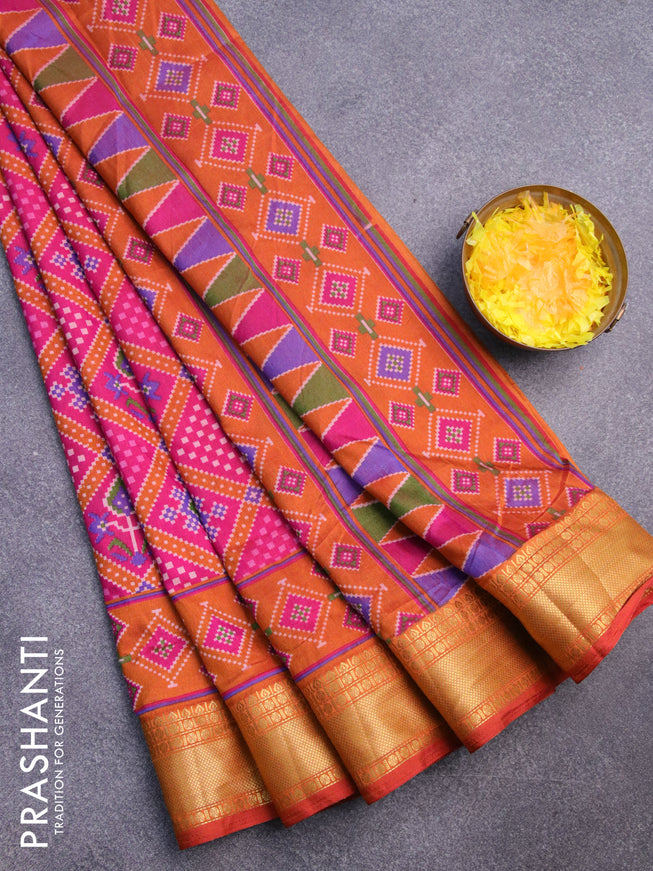 Semi tussar saree pink and rust shade with allover ikat prints and zari woven border