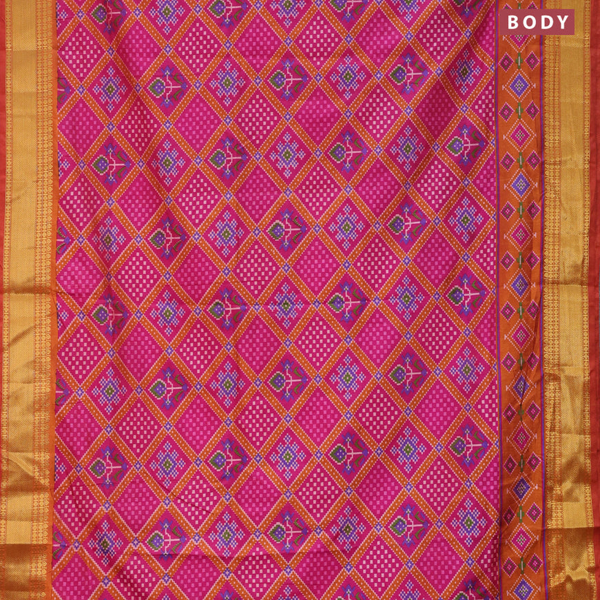 Semi tussar saree pink and rust shade with allover ikat prints and zari woven border