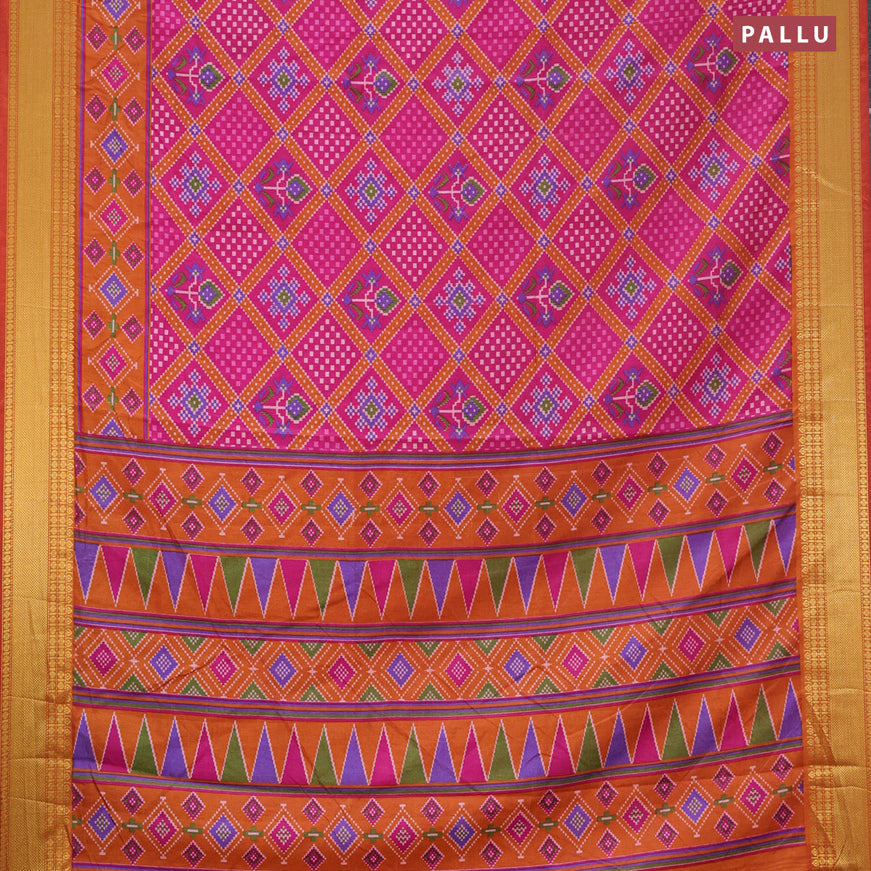 Semi tussar saree pink and rust shade with allover ikat prints and zari woven border