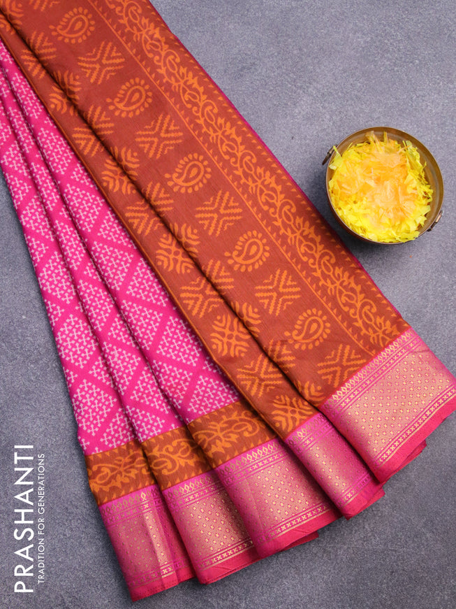 Semi tussar saree pink and rustic orange with allover butta prints and zari woven border