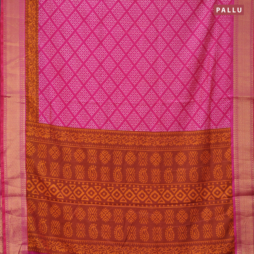 Semi tussar saree pink and rustic orange with allover butta prints and zari woven border