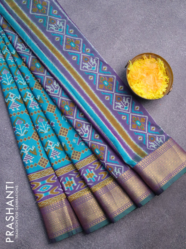 Semi tussar saree teal blue and dual shade of purple with allover ikat prints and zari woven border