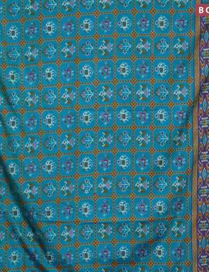 Semi tussar saree teal blue and dual shade of purple with allover ikat prints and zari woven border