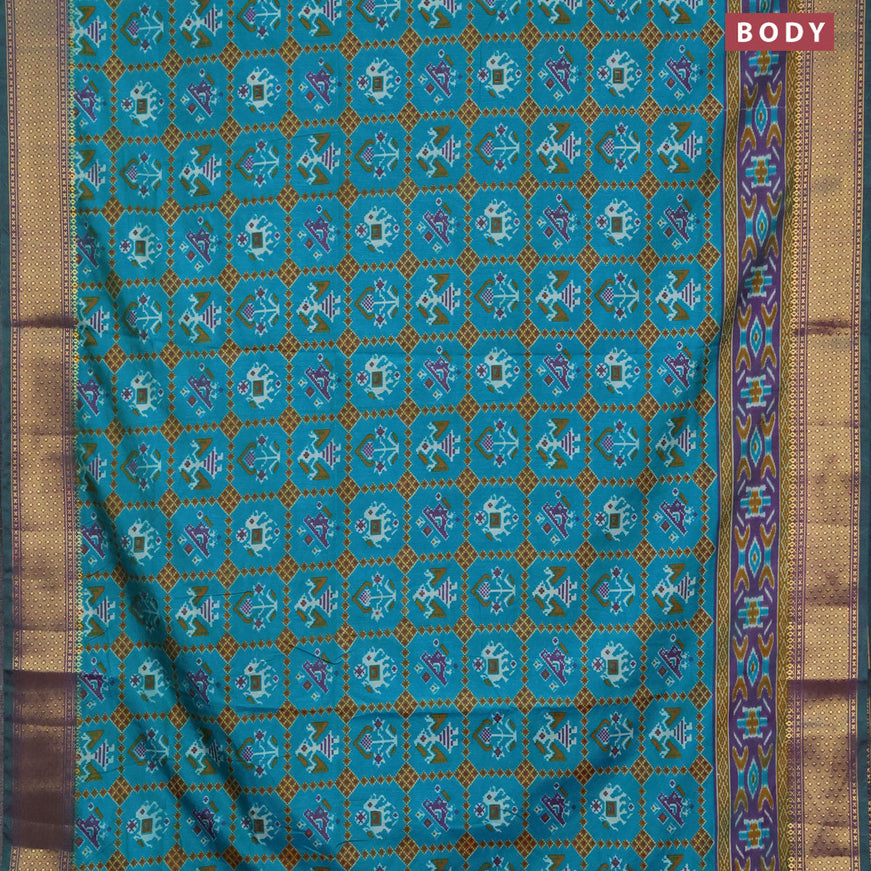 Semi tussar saree teal blue and dual shade of purple with allover ikat prints and zari woven border