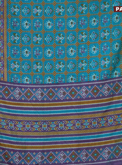 Semi tussar saree teal blue and dual shade of purple with allover ikat prints and zari woven border