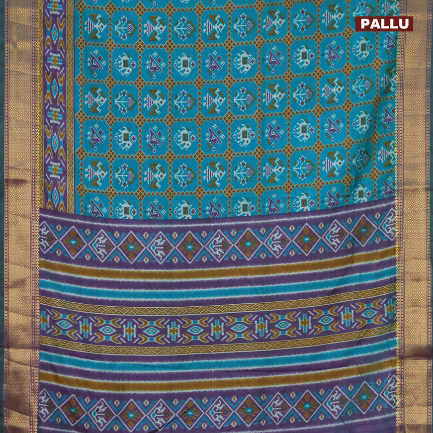 Semi tussar saree teal blue and dual shade of purple with allover ikat prints and zari woven border