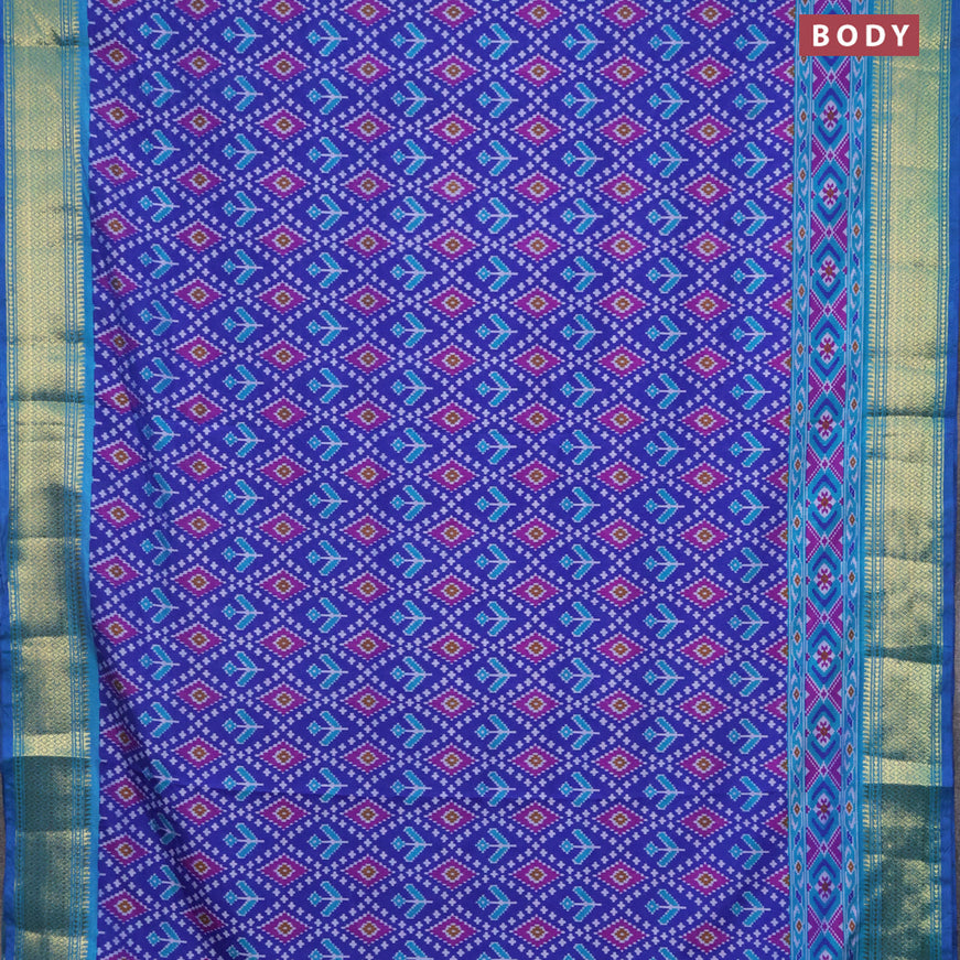 Semi tussar saree blue and cs blue with allover ikat prints and zari woven border