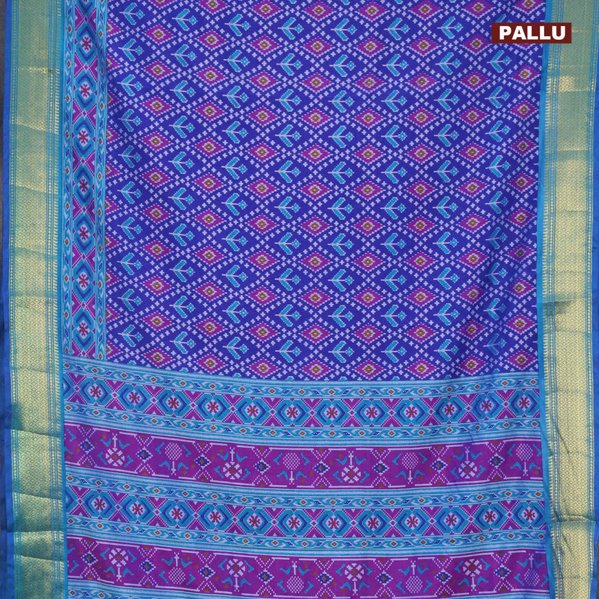 Semi tussar saree blue and cs blue with allover ikat prints and zari woven border