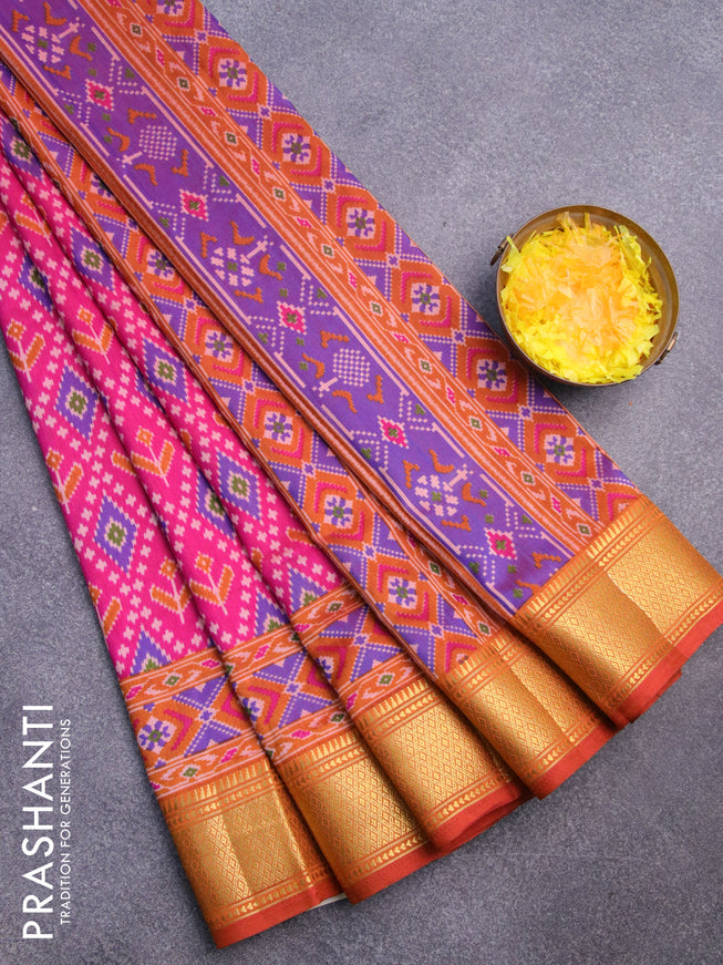 Semi tussar saree pink and dual shade of mustard with allover ikat prints and zari woven border