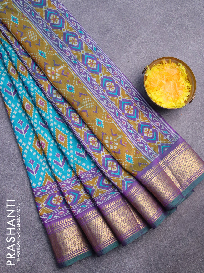 Semi tussar saree teal blue and dual shade of purple with allover ikat prints and zari woven border