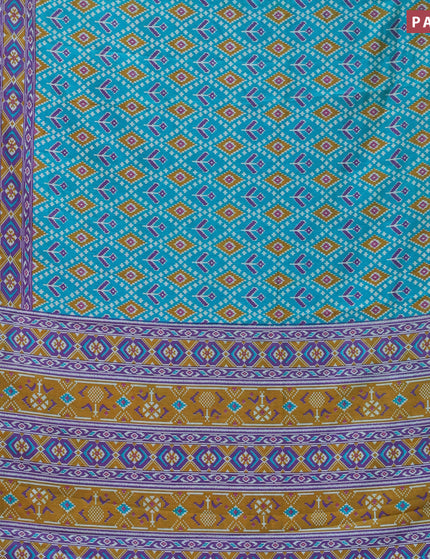 Semi tussar saree teal blue and dual shade of purple with allover ikat prints and zari woven border