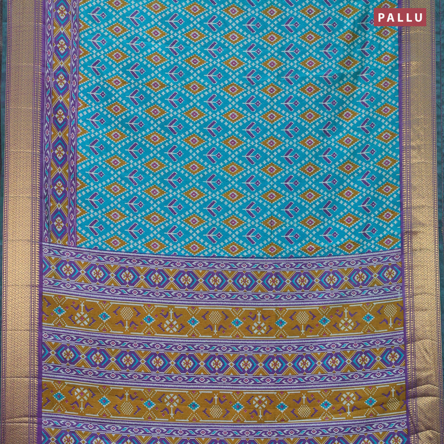 Semi tussar saree teal blue and dual shade of purple with allover ikat prints and zari woven border