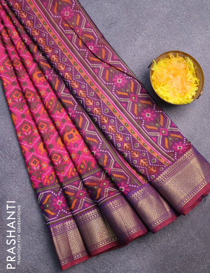 Semi tussar saree pink and dual shade of bluish maroon with allover patola prints and zari woven border