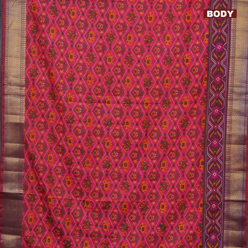 Semi tussar saree pink and dual shade of bluish maroon with allover patola prints and zari woven border