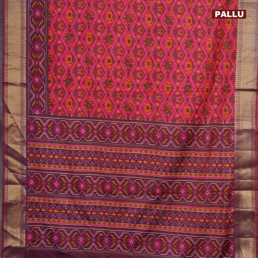 Semi tussar saree pink and dual shade of bluish maroon with allover patola prints and zari woven border