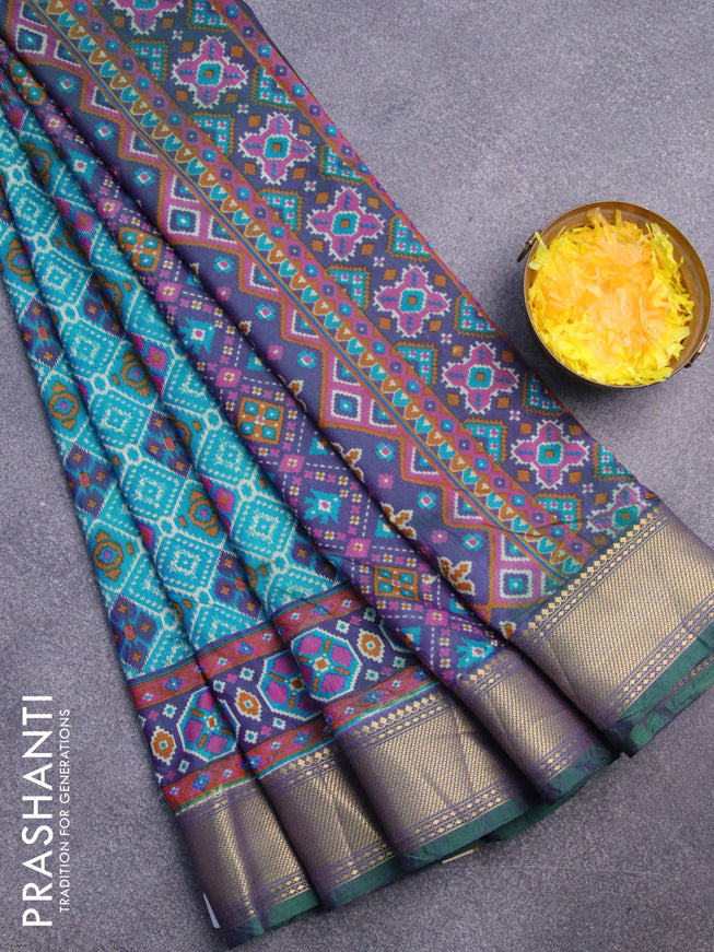 Semi tussar saree teal blue and dual shade of bluish purple with allover prints and zari woven border