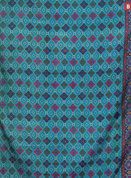 Semi tussar saree teal blue and dual shade of bluish purple with allover prints and zari woven border