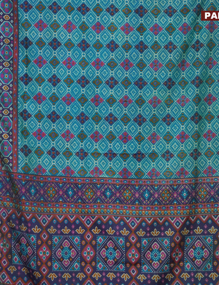 Semi tussar saree teal blue and dual shade of bluish purple with allover prints and zari woven border