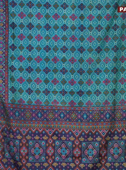 Semi tussar saree teal blue and dual shade of bluish purple with allover prints and zari woven border