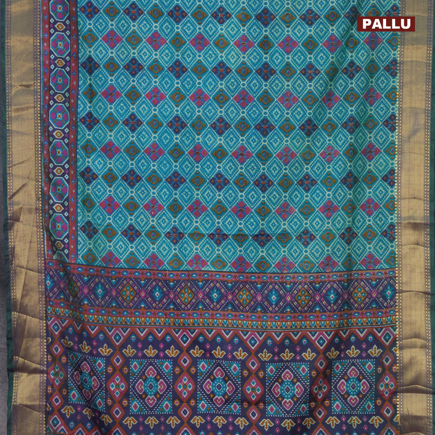 Semi tussar saree teal blue and dual shade of bluish purple with allover prints and zari woven border