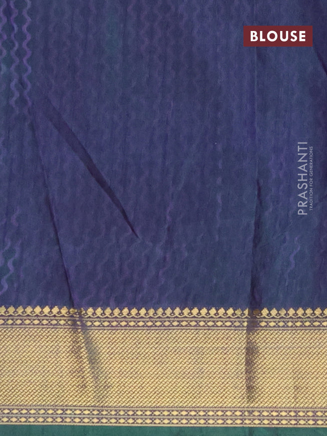 Semi tussar saree teal blue and dual shade of bluish purple with allover prints and zari woven border