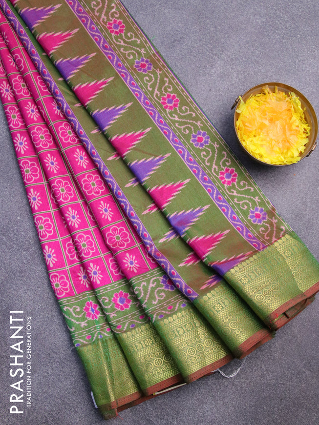 Semi tussar saree pink and dual shade of greenish maroon with allover prints and zari woven border