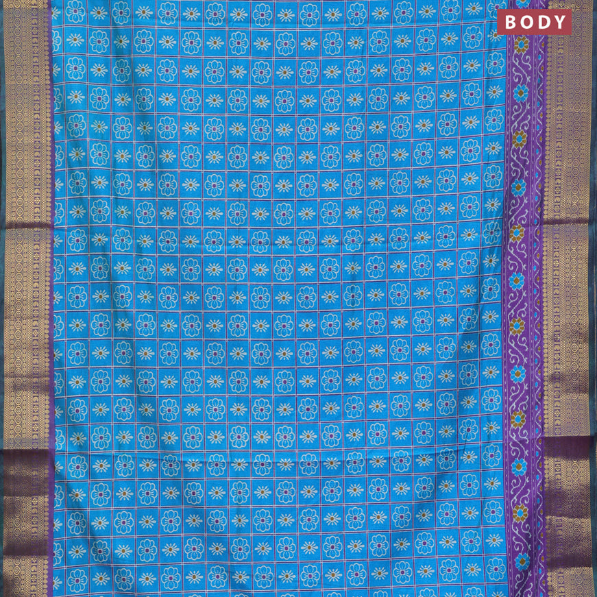 Semi tussar saree cs blue and purple with allover prints and zari woven border