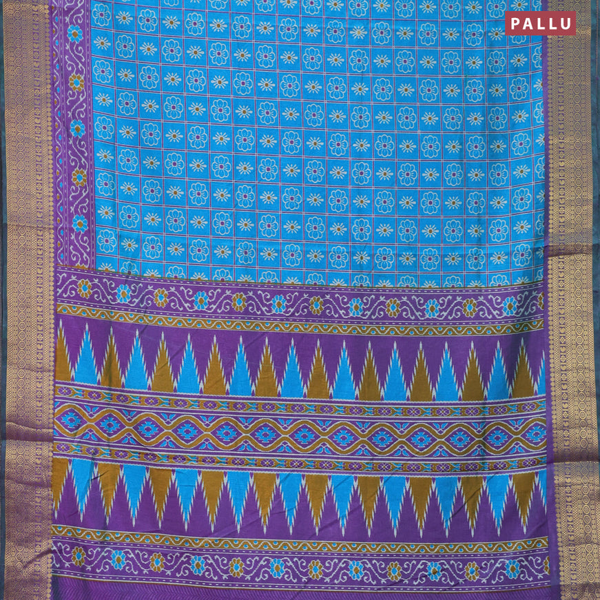 Semi tussar saree cs blue and purple with allover prints and zari woven border