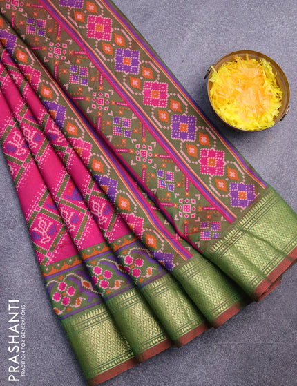 Semi tussar saree pink and dual shade of green with allover ikat prints and zari woven border