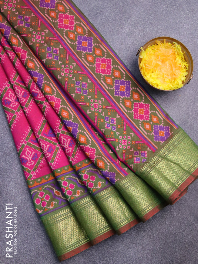 Semi tussar saree pink and dual shade of green with allover ikat prints and zari woven border